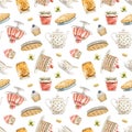 Watercolor seamless pattern with vintage set of sweet dessert, cupcakes, pies and jams