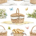 Watercolor seamless pattern with vintage set of picnic objects Royalty Free Stock Photo