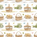 Watercolor seamless pattern with vintage set of picnic objects Royalty Free Stock Photo