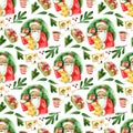 Seamless pattern. Vintage watercolor cute Santa Claus drinking hot tea, coffee and reads letters. Christmas illustration