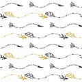 Seamless pattern of vintage wave arrows in black and gold colors. Hand drawn floral arrows vector in tribal style.