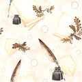 Seamless pattern from vintage writing supplies. Parchment paper, envelope, feather quill with inkwell, oak leaves. Hand Royalty Free Stock Photo