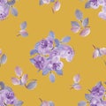 Seamless pattern of violet flowers and branches on a deep yellow background. Watercolor