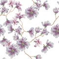 Seamless pattern with violet flowers. Watercolor illustration.