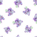 seamless pattern with violet flowers white background, watercolor on paper, Royalty Free Stock Photo