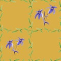 Seamless pattern of violet lilies in a green cell of plants on a deep yellow background. Watercolor Royalty Free Stock Photo