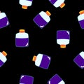 Seamless pattern with violet magic potion bottles on black background. Cartoon style. Fairy tale drink. Pharmacy and chemistry. Royalty Free Stock Photo