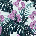 Seamless pattern, violet orchid flower and green blue exotic palm monster leaves on mint background. Royalty Free Stock Photo