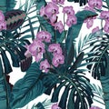 Seamless pattern, violet orchid flower and green blue exotic palm monster leaves on white background.