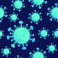 Seamless pattern with viruses of the bacteria coronavirus disease Covid-19. Corona virus on dark background with neon blue. Covid- Royalty Free Stock Photo
