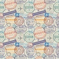 Seamless pattern with visa rubber stamps on passport Royalty Free Stock Photo