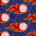 Seamless vector pattern with volleyball ball icons and flames. Royalty Free Stock Photo