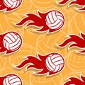 Seamless vector pattern with volleyball ball icons and flames. Royalty Free Stock Photo