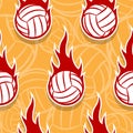 Seamless vector pattern with volleyball ball icons and flames. Royalty Free Stock Photo