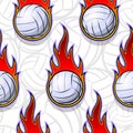 Seamless vector pattern with volleyball ball icons and flames. Royalty Free Stock Photo