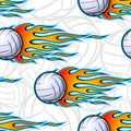 Seamless pattern with volleyball balls and flame.