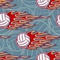 Seamless pattern with volleyball balls and flame.