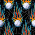 Seamless pattern with volleyball balls and flame.