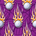 Seamless pattern with volleyball balls and flame.