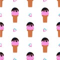 Seamless pattern: a waffle cup with pink ice-cream poured chocolate with sprinkles on a white background. Flat vector.