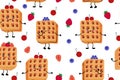 Seamless pattern with waffles and various fillings. Vector illustration of waffles in the style of kawaii, pastries for