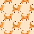 Seamless pattern. Walking cat in flowers and leaves. Vector