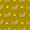 Seamless pattern. Walking cat with flowers. Vector