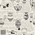 seamless pattern or wallpaper on the theme of ancient Greece. Manuscript with sketches antique amphoras and jugs Royalty Free Stock Photo