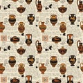 seamless pattern or wallpaper on the theme of ancient Greece. Manuscript with sketches antique amphoras and jugs Royalty Free Stock Photo