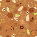 Seamless pattern with walnuts, pistachios with hazelnuts and leaves on a brown background. Scrawl. Whole nuts, peeled and unpeeled