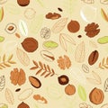 Seamless pattern with walnuts, pistachios with hazelnuts and leaves on a light background. Scrawl. Whole nuts, peeled and unpeeled