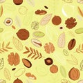 Seamless pattern with walnuts, pistachios with hazelnuts and leaves on a light olive background. Scrawl. Whole nuts, peeled and