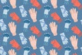 Seamless pattern with warm gloves with multicolored fingers in blue, red and pink colors