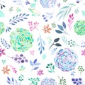 Seamless pattern of watecolor abstract branches, leaves and flowers Royalty Free Stock Photo