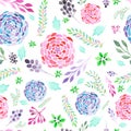 Seamless pattern of watecolor abstract branches, leaves and flowers Royalty Free Stock Photo