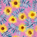 seamless pattern with watercolor abstract flowers and leaves on a pink background. yellow sunflower flowers Royalty Free Stock Photo