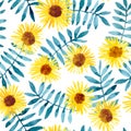 seamless pattern with watercolor abstract flowers and leaves on a white background. yellow sunflower flowers Royalty Free Stock Photo