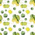 Seamless pattern watercolor abstract yellow, green splash on white. Hand drawn round stain, line, scribble. Banner Royalty Free Stock Photo