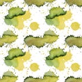Seamless pattern watercolor abstract yellow, green splash on white. Hand-drawn round stain, line, scribble. Banner Royalty Free Stock Photo