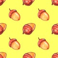 Seamless pattern of watercolor acorn. Natural backgrounds and textures for seasonal design, packaging, home textiles, fabric,