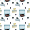 Seamless pattern of watercolor aesthetic blue and chocolate desserts