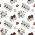 Seamless pattern of watercolor aesthetic chocolate muffins, macaroons and strawberry