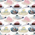 Seamless pattern of watercolor aesthetic desserts and confectionery in plates