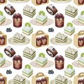 Seamless pattern of watercolor aesthetic green and chocolate desserts
