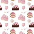 Seamless pattern of watercolor aesthetic pink desserts and confectionery, macaroons and flowers