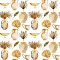 Seamless pattern of watercolor ancient pottery and dried fan palm leaves Royalty Free Stock Photo