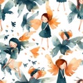 Seamless pattern with watercolor angels and butterflies. Vector illustration Royalty Free Stock Photo