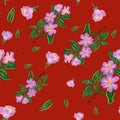 Seamless pattern with watercolor apple flowers branches and leaves on red background. Royalty Free Stock Photo