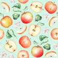 Seamless pattern with watercolor apple fruits and green leaves Royalty Free Stock Photo