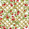 Seamless pattern with watercolor apples garden plants. Country style